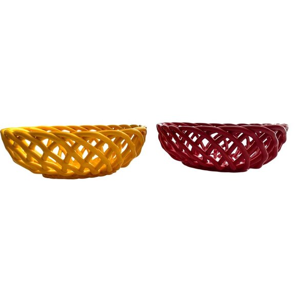 Arlington Designs Red Yellow Braided Woven Ceramic Bowls Oval Design Basket 10” - Picture 1 of 9